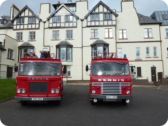 Dennis F108 and Dennis D outside Gullane Fire Service Training School 2012